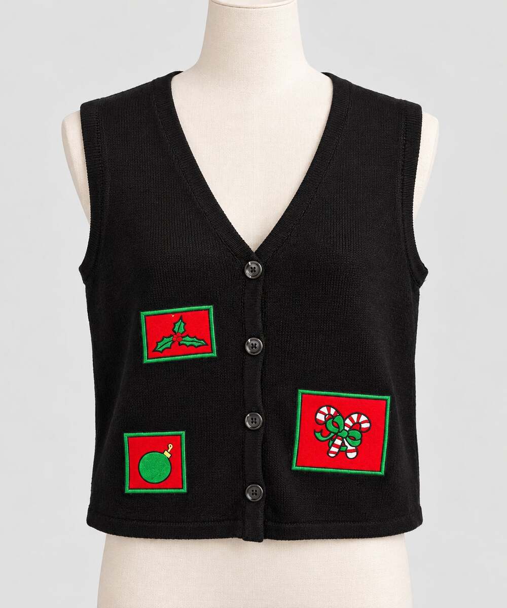 Christmas Sweater Vest Grandmacore Preppy Retro Kitsch Holiday Black Womens Med